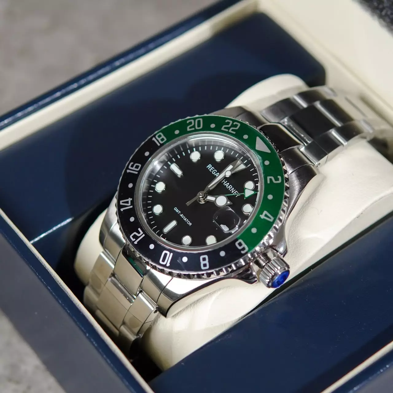 Jam Tangan REGAN HARNEY RH 009-02 GMT AVIATOR GREEN BLACK STAINLESS STEEL WATCH 100% ORIGINAL - OS