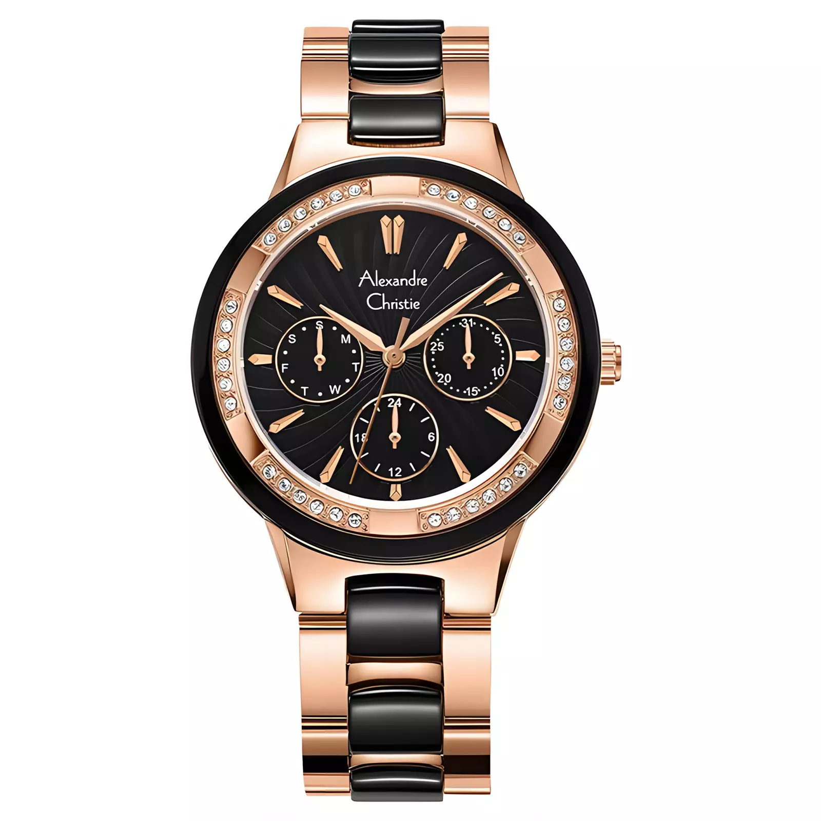 Alexandre Christie Ceramic - Jam Tangan Chronogarph Wanita - Rose Gold Black - Stainless Steel - 229